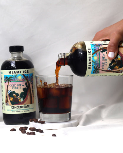 2 bottles of Miami Ice cold brew coffee concentrate. One front facing, the other pouring into a cup of ice.