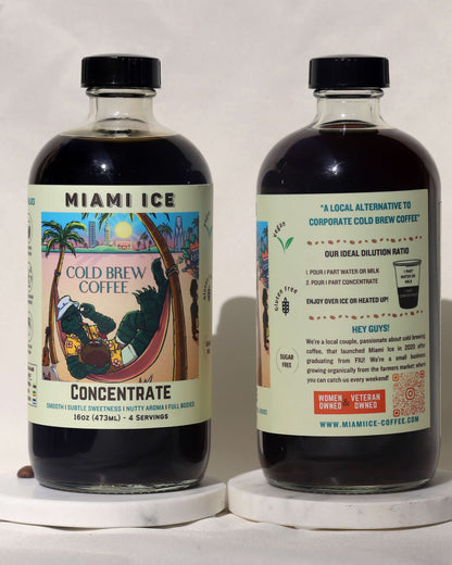 2 bottles of Miami Ice cold brew coffee concentrate. One front facing, the other is side facing.