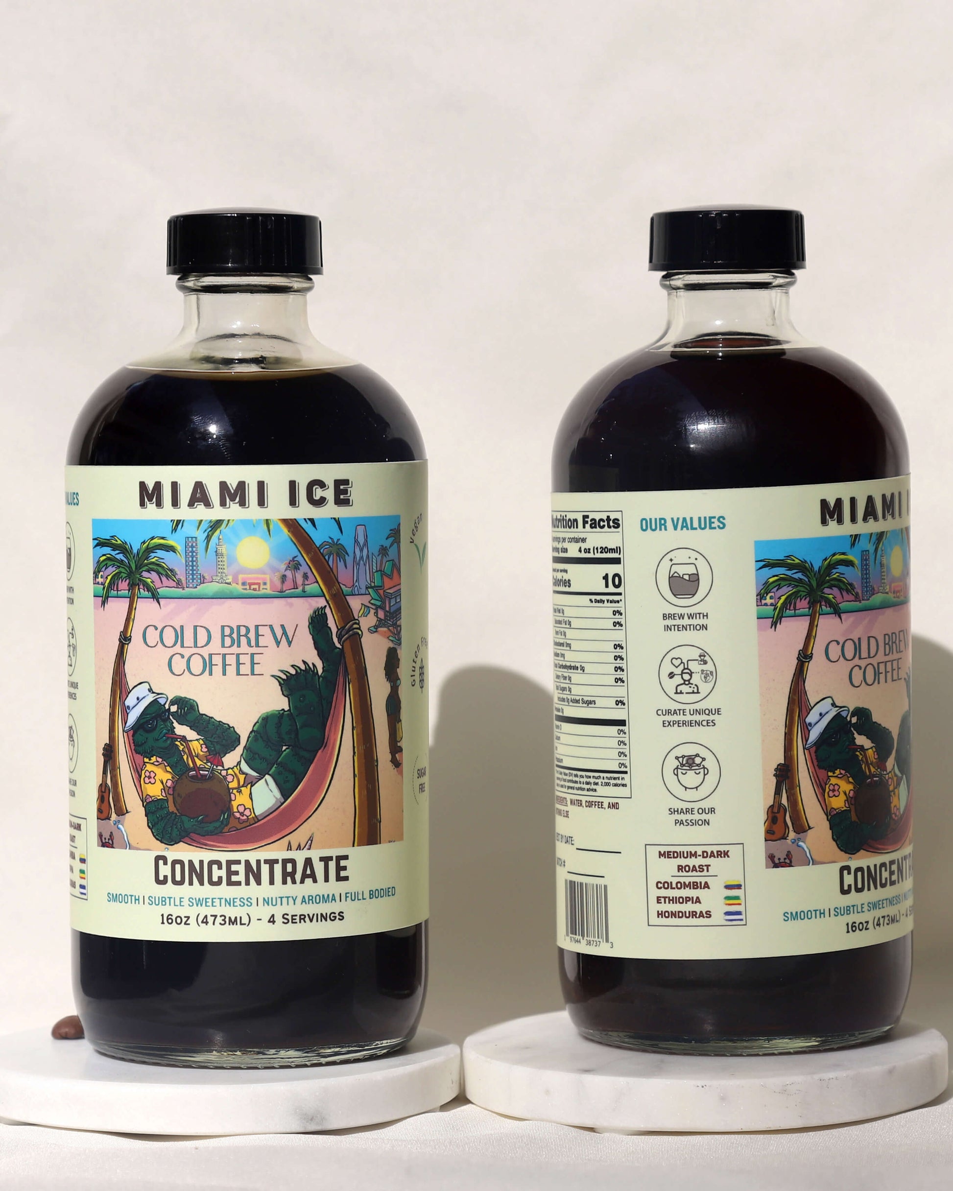 2 bottles of Miami Ice cold brew coffee concentrate. One front facing, the other is side facing.